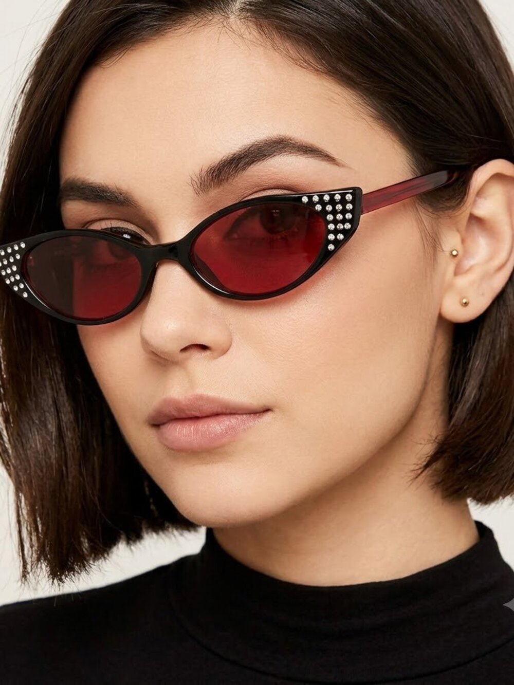 Vintage Brown Red Cat-Eye Sunglasses With Rhinestones Retro Mad Men